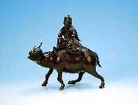 Bronzeskulptur, China, 19. Jh., Reiter auf Fabelwesen, Reiter abnehmbar 22 x 22 cm