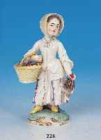 PORZELLANFIGUR, FRANKENTHAL, UM 1765, AB- MARKE=ADOLF BERGZOLL, JUNGE FRAU MIT HUHN UND EIERKORB, BEMALT, MIN. ALTERSSCHäDEN, L. REST., H. ...