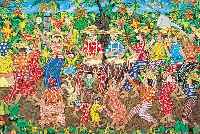 AUGUSTIN, JOSEPH, HAITIANISCHER KüNSTLER AUS DEM ARTIBONITE-TAL, HIER: GROSSES DORF- FEST, ÖL/LWD., SIGN., MIN. BESCH., 51 X 61 CM