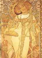 MUCHA, ALPHONSE, DER HERBST, FARBLITHOGRAPHIE, UM 1898, GEBRäUNT, EINIGE RESTAURIERTE STELLEN, CA. 70 X 30 ...