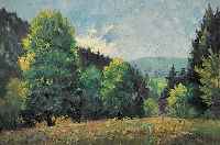 Zuschreibung: Möller, Arnold, *1884, war tä-tig in Dachau, sommerliche bewaldete Hügel- landschaft, Öl/Lwd., sign., 60 x 80 cm, R.
