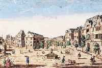 GUCKKASTENBILD, 18. JH., KUPFERSTICH DES PFERDEMARKTES IN FRANKFURT, KOLORIERT, IM OBEREN TEIL WASSERFLECKIG, CA. 25 X 42 CM, U.GL., R.
