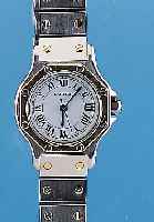 CARTIER Damenarmbanduhr Modell Santos, Schweiz um 1982, Edelst.-Einschalengeh., get. A-Welle, Saphirschmuckkrone, GG-Lünette, 8- fach ...