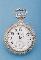 DOXA HERRENTASCHENUHR LEPINE, SCHWEIZ UM 1912, METALL VERS., RELIEF., JUGENDSTIL, RAND WIE PENDANT U. BüGEL RANKENDEKOR, RüCKS. JAGD-DARST. ...