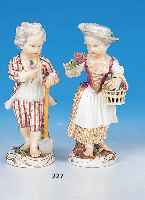 Paar Porzellanfiguren, Meissen, Marcolinizeit 1774 - 1814, Gärtnerpaar, bemalt, l. rest., H. 12.5 cm