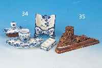 SCHREIBTISCHSET, WOHL DELFT, UM 1900, FAYENCE, BEMALT, DECKEL FEHLT, VIER TEILE, VERSCH. GRößEN