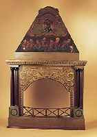 Kaminumrandung, um 1900, Holz, Oberteil Leinen bemalt, z.T beschädigt, ca. 225 x 145 x 51 cm