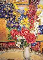 KARBSTEIN, E., INTERIEUR MIT BUNTEM SOMMERBLUMENSTRAUß, ÖL/ HARTFASER, LI. U. SIGN., CA. 80 X 60 CM, R.