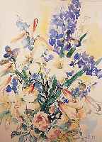 LäUBIN, HANS, 1904 PFORZHEIM-1982, SCHüLER DER AKADEMIE KARLSRUHE, HIER: BLUMENSTILLEBEN, MEHRFARBIGES AQUARELL AUF PAPIER, ...