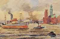 Northmann, Hans, *1883 Hamburg, Kunstge- werbeschule HH. 1903-8 (W. v. Beckerath), Aquarell, hier: Hamburger Hafen, Michel und Kehrwieder, ...