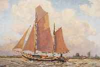 PRIEBE, RUDOLF, *1889 SCHULAKOWO, MARINEMA- LER, WAR TäTIG IN HAMBURG, HIER: SEGELSCHIFF AN DER KüSTE, ÖL/HARTFASER, 54 X 71 CM, R.