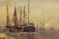 Volbrecht, Ernst, *1877 Hannover, wirkte in Hamburg, kleine Hafenszene mit Fischerbooten, Öl/Lwd./Malkarton sign., 40 x 50 cm, R.
