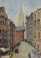 Volbrecht, Ernst, *1877 Hannover, wirkte in Hamburg, Strassenszene mit Häusern und hohen Münsterturm, Öl/Malkarton, sign., 47 x 35 cm, R.