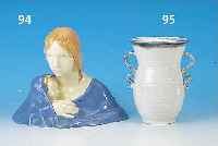 DOPPELHENKELBECHER, MAX RöSLER, ENTWURF HUF- NAGEL, STEINGUT, BLAU STAFFIERT, H. 17 CM