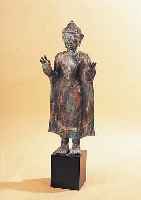 BUDDHA, BURMA, 20. JH., (20-40 JAHRE ALT), BRONZE, NACH DEM VORBILD DES 15. JH., STEHENDEMEDITATIONSGESTE, PATINIERT, H. CA. 83,5 CM, HOLZSOCKEL ...