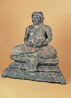 LOHAN, NORDTHAILAND, 20. JH., BRONZE, NACH DEM VORBILD DES 18./19. JH., BANGKOK-STIL, PATINIERT, ZWEITEILIG, LOTUSSOCKEL, H. CA. 100 CM