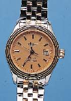 TISSOT DAMENARMBANDUHR PR 50, SCHWEIZ UM 1998, EDELST. POL. INCL. EDELST.-BAND, KRONE, LüNETTE U. ZWISCHENGL. DES BANDES HARTVERG., BEIDS. ...