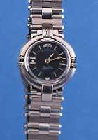 JEAN D'EVE DAMENARMBANDUHR UPSIDEDOWN, REF.-NR. 004/0153, SCHWEIZ UM 1995, EDELST. TEILW. POL., TEILW. SAT., HIGH-TECH-QUARTZWERK M. DATUM, ...