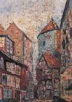 UNBEKANNTER KüNSTLER, ANFANG 20. JH., STRAßE MIT TURM IN HANNOVER, ÖL/MALKARTON, UNSIGNIERT, VERSCHMUTZT, 36.5 X 24 CM, RAHMEN