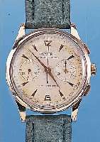 OLYMPIC ARMBANDCHRONOGRAPH, REF.-NR. 1375, SCHWEIZ UM 1949, RG 750/000, BODEN U. GLASR. GEDR., METALLCUVETTE ZUR ARMIERUNG WURDE ENT- NOMMEN, GEH. ...