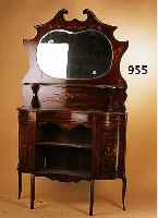 BUFFET, ENGLAND, UM 1900, MAHAGONIFURNIER MIT BLUMENINTARSIEN, SPIEGEL- EINSATZ FACETTIERT, ABGERUNDETE SEITEN, ELEGANTE FORM, ALTERSBEDINGTE L. ...