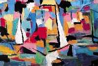 MüNCHNER MALERIN, AB 1965, SüDLICHE SEELAND-SCHAFT MIT BOOTEN, MISCHTECHNIK AUF HARTFASER,CA. 48 X 68 CM, R.