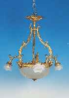LAMPE, BAROCKSTIL, UM 1900 MESSINGGUßGESTäNGE, GESCHLIFFENES MITTELGLAS, DREI ROSENSCHIRME NEU, MIN. BESTOßEN, INT. H. 68 CM, ...
