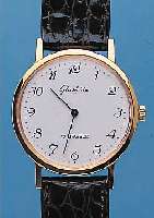 GLASHÜTTE HERRENARMBANDUHR, UNGETR. LAGERW.,UM 1984, LEDERB. NEU, METALL HARTVERG., EDEL- STAHLB. GEDR., EMAILFARB. KONTRASTZIFFEBL., EINGES. ...