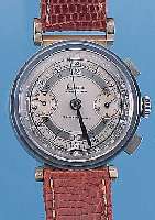 LEVRETTE ARMBANDCHRONOGRAPH, SCHWEIZ UM 1938, METALL VERN. (BER.), EDELST.-BODEN U. GLASR. GEDR., 2-FARB. VERS. ORIG.-BLATT, ORIG.GEBL. ...
