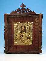 Ikone in Lade, Rußland, um 1890/1900, Jesus als Weltenherrscher, Reste alter Ver- goldung, Malerei in guter Qualität im Stil der ...