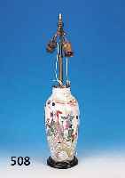 Lampenfuß, China, um 1900, Porzellan, bunt bemalt mit Personen und Landschaft, Vase sek. zum Lampenfuß umgearbeitet, H. ca. 36 cm