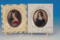 Zwei Miniaturmalereien, um 1940, feine bun-te Portraitmalerei auf Elfenbein, oval, Dar- stellung d. Lola Montez u. Königin Henriette von Bayern, ...