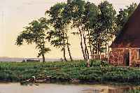 MONOGRAMMIST LMJ, DATIERT (19)19, FLUSSAUENLANDSCHAFT MIT BAUERNGEHöFT UND BäU- ERIN, ÖL/LWD, LI. U. MONOGR. UND DAT., CA. 26 X 36 ...