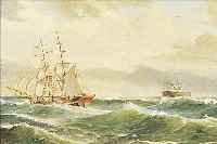 MONOGRAMMIST WK., DATIERT (19)36, ZWEI SEGELSCHIFFE UND EIN DAMPFER AUF HOHER SEE, ÖL/LWD, LI. U. MONOGR. UND DAT., CA. 38 X 71 CM, R.
