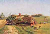 JENSEN, MILTON, DäNISCHER MALER, DAT. 1903, BAUERNGEHöFT MIT HüHNERN IN HüGELIGER LAND- SCHAFT, PERSONENSTAFFAGE, ÖL/LWD, RE. U. SIGN. ...