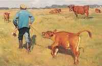 EDSBERG (O.ä.), SKANDINAVISCHER MALER, BAUER MIT KALB, ÖL/LWD., RE. U. SIGN., CA. 30 X 40 CM, R.