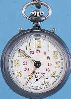 JUNGHANS TASCHENWECKER, REF.-NR. 1031256, DEUTSCHLAND UM 1918, EISEN BRüN., AUFSTELLBAR,EMAILBL. INNEN ROT 12-24, AKUSTIK AUF INNEN- GLOCKE, 7 ...