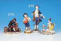 KONVOLUT AUS DREI PORZELLANFIGUREN, THüRINGEN,30ER JAHRE: BLUMENVERKäUFER, BLAUE BEMALUNG,GOLDSTAFFAGE, H. CA. 20 CM; HARMONIKASPIELER, BUNT ...