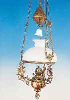 DECKENLAMPE, FRIESLAND, UM 1890-1900, MAJOLIKAEINSATZ, METALLGUßMONTUREN, REICH VER-ZIERT, HöHENVERSTELLBAR, D. CA. 37 CM, GEBR.- SPUREN