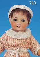 PORZELLANKOPFPUPPE, HEUBACH-KöPPELSDORF NR. 321-7, BLAUE SCHLAFAUGEN, LIDER UND WIMPERN BESCH., OFFENER MUND MIT VIER ZäHNEN OBEN, BRAUNE ...