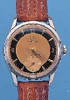 OMEGA HERRENARMBANDUHR, REF.-NR. 2639-13, SCHWEIZ UM 1954, EDELST., BODEN GESCHR., 2- FARB. BLATT, WERK VERG., 17 ST., HANDAUFZ. KAL. 266, ...