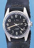 CITY MILITäRARMBANDUHR, REF.-NR. 665, SCHWEIZ/SCHWEDEN UM 1967, EDELST., BODEN GE- SCHR., SCHW. KONTRASTZIFFERBL. M. DIREKT. ...