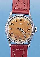 EBEL HERRENARMBANDUHR, REF.-NR. 5506, SCHWEIZ UM 1954, EDELST., BODEN GESCHR., ORIG.-BLATT FARBL. GET., 17 ST., HANDAUFZUG, KAL. 102, ...