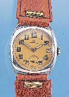 OMEGA HERREARMBANDUHR, REF.-NR. 8397332, SCHWEIZ UM 1933, 925ER SILBER, CARRE-CAMBRE- FORM, BODEN U. GLASR. GEDR., VERG. BLATT, ZEI-GER ERS., ...