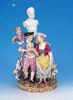 GROßE PORZELLANGRUPPE, MEISSEN, UM 1860/80, SCHäFER U. SCHäFERIN BLICKEN SICH IN DIE AUGENWäREND ER IHR EINEN RING ANSTECKEN WILL, FLAN-KIERT V. ...