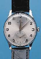 OMEGA HERRENARMBANDUHR, REF.-NR. 2398-1, SCHWEIZ UM 1953, METALL VERCHR., EDELST.-BODENU. GLASR. GEDR., BLATT REST., RUNDANKERW. VER-G., KAL. ...