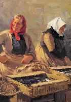 UNBEKANNTER WOHL DäNISCHER MALER, 20ER JAHRE, ZWEI FISCHVERKäUFERINNEN, ÖL/LWD, LI. U. UNLESERLICH SIGN., CA. 39 X 42 CM, R.