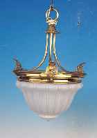DECKENLAMPE, WOHL SPANIEN, UM 1915/20, MESSING, MATTIERTER GLASEINSATZ, EINE BRENNSTELLE, H. CA. 46 CM, D. CA. 29.5 CM, ...