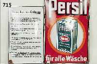 DREI EMAILSCHILDER, 1 X PERSIL, 30ER JAHRE, KORRODIERT UND BESCHäDIGT, 59 X 39.5 CM, GE- WöLBT, DAZU WASCHKüCHENORDNUNG UND KL. WASCH- ...