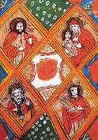 HINTERGLASBILD RUMäNIEN, RELIGIöSE DARSTEL- LUNGEN IN MEHREREN EINZELFLäCHEN, ALTERS- SPUREN, 44 X 38 CM, R.